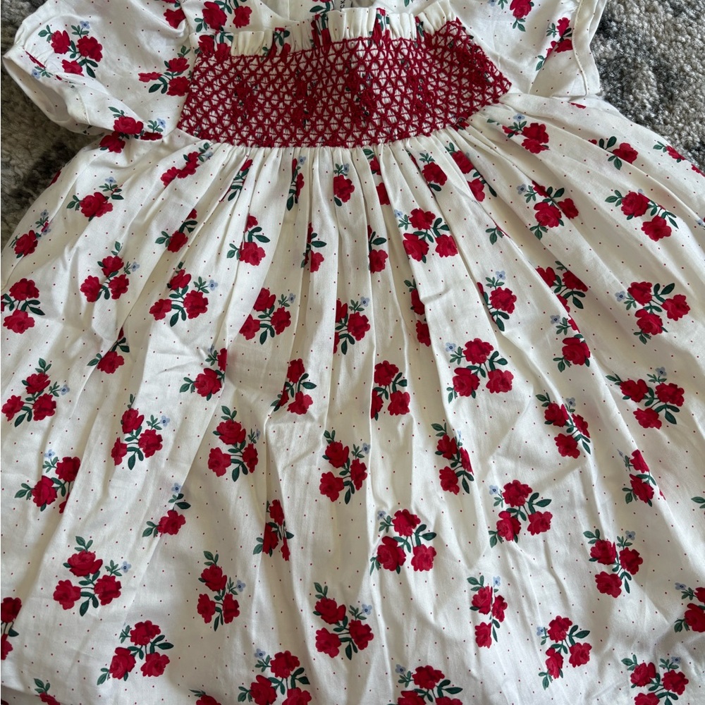 Janie and Jack Cream Dress with Red Rose Print and Red Smocking NWT